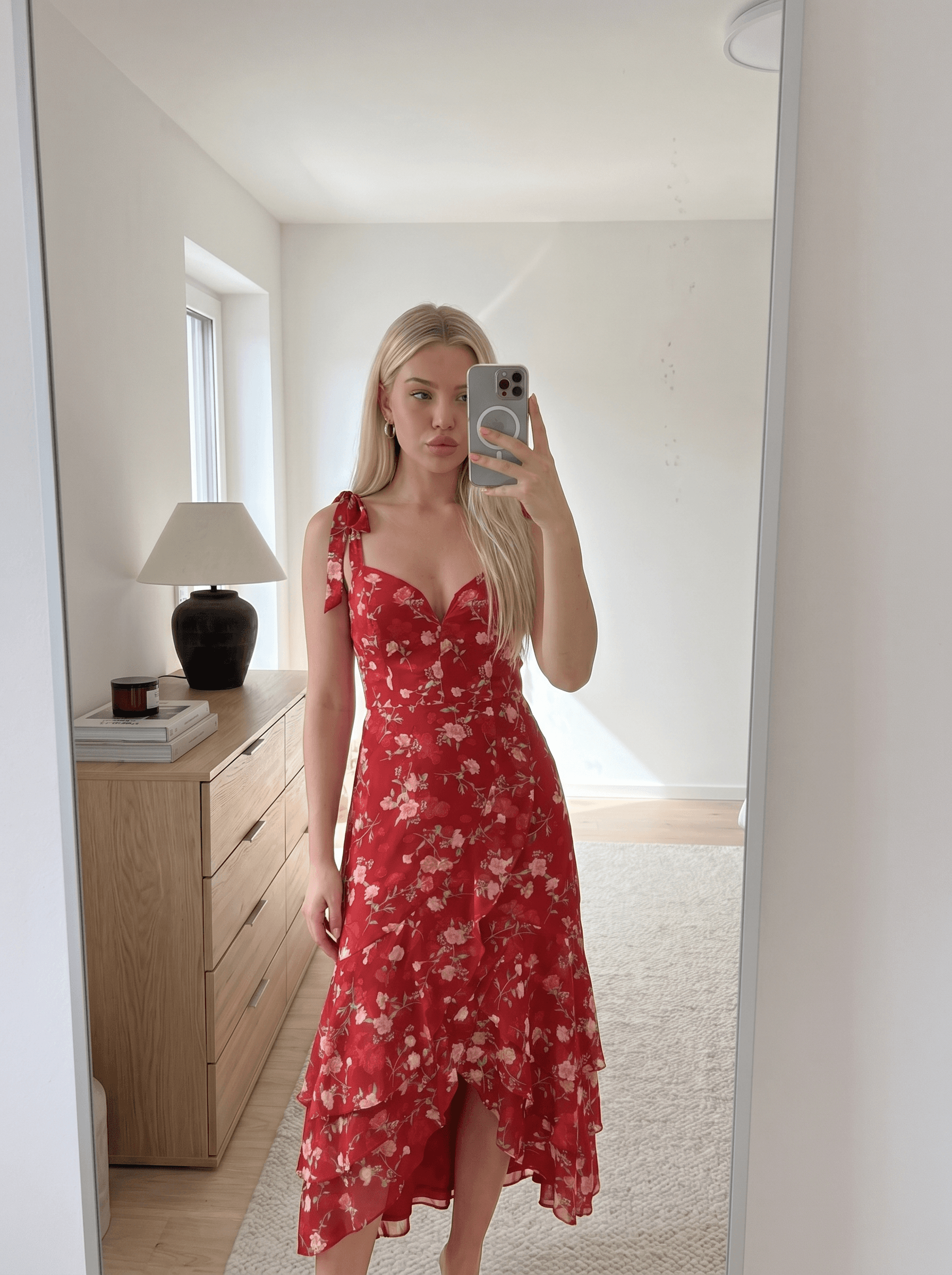 Arlos Vibe wearing So Elevated Red Floral Jacquard Midi Dress